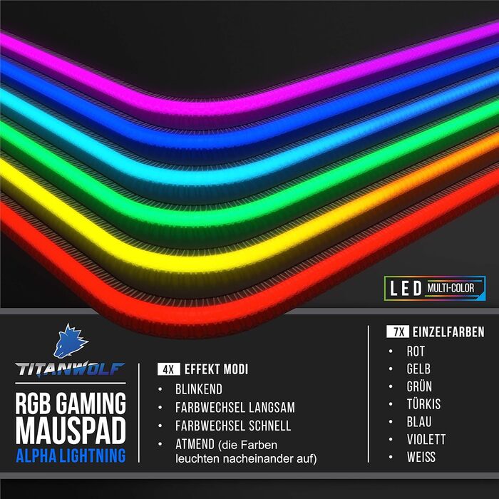 Кисмат TITANWOLF XXXL RGB ігровий килимок для миші – 1200 x 600 мм, LED, 7 кольорів, 4 режими, гумова основа, миється (Black Pro)