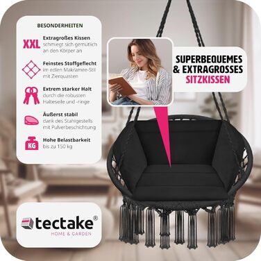 Гойдалка-крісло tectake® для дому та вулиці, підвісне крісло з міцним каркасом і м'якою подушкою, меблі для тераси та балкона, максимальне навантаження 150 кг, чорний колір