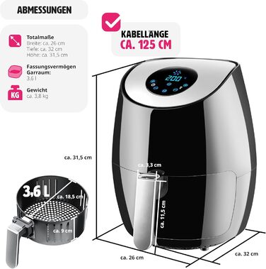 tectake® Аерофритюрниця (Airfryer) 3,6 л, сенсорний дисплей, 7 програм, без масла і жиру, підходить для посудомийної машини, з аксесуарами та кулінарною книгою, чорна