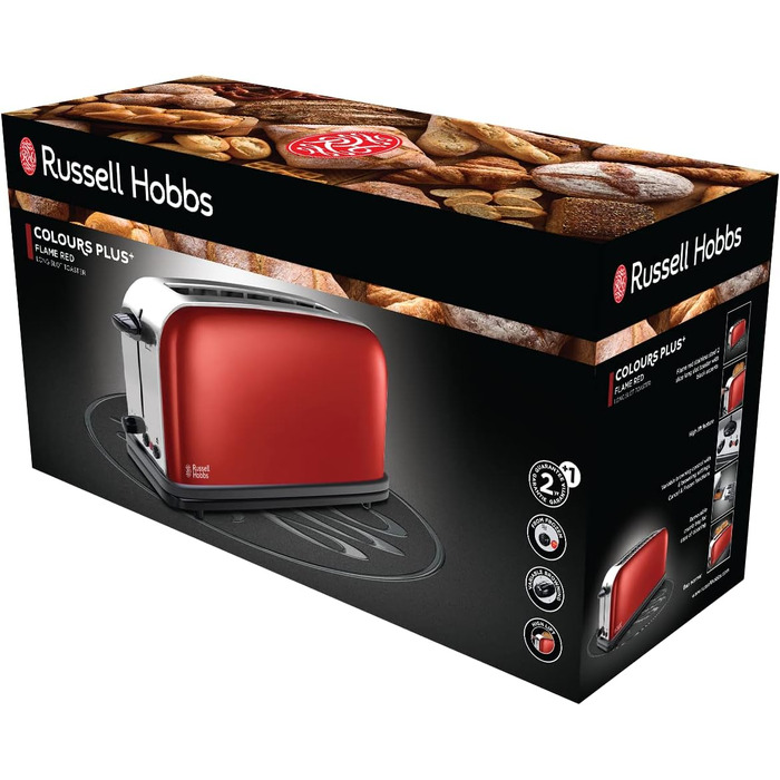 Тостер Russell Hobbs Colours+ Нержавіюча сталь, Червоний – 2 широкі слоти, підставка для булочок, 6 режимів, розморожування, 1000 Вт