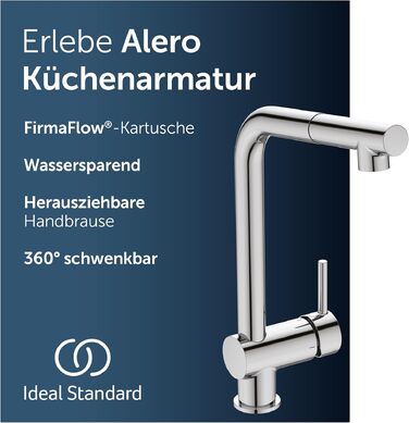 Змішувач кухонний Ideal Standard Alero з висувним душем, поворотний 360°, економний (12 л/хв), хром (361 мм)