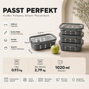 Набір контейнерів для їжі Meal Prep зі скляними кришками, герметичні, 3 шт. по 1020 мл, Cabrera