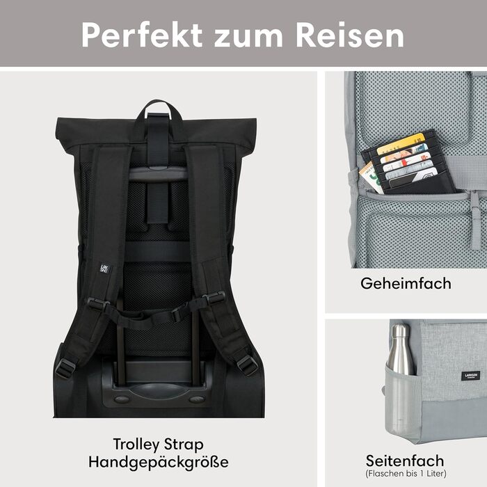Рюкзак LARKSON Rolltop для жінок і чоловіків, з відділенням для ноутбука, універсальний для роботи, навчання, подорожей, велосипеду, водовідштовхувальний, сірий, великий розмір