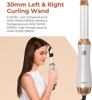 UKLISS Hairstyler 6 в 1: Професійний фен-щітка з насадками для укладки волосся 1000 Вт, повітряна щітка, мультистайлер, білий (золотий)