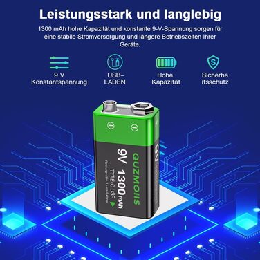 Акумулятор 9V Li-ion 1300mAh з USB-C зарядкою, перезаряджувана батарея типу «Крона» для мультиметрів та датчиків диму (2 шт)