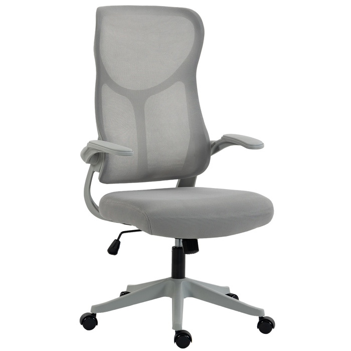 Ергономічне офісне крісло з сітки, обертове крісло з високою спинкою, відкидними підлокітниками та функцією гойдання, сіре