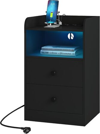 WOLTU приліжковий столик з LED-підсвіткою та зарядкою, вузький стіл з 2 розетками, 2 USB-портами, шухлядами та відкритою полицею для спальні чи вітальні, чорний