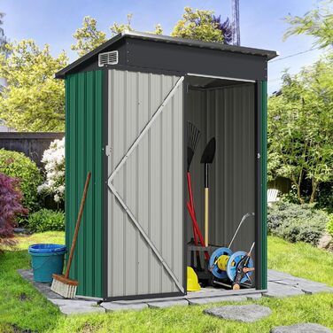 Металевий садовий будиночок COSTWAY 150x90,5x185 см, 1,5 м³, з похилим дахом та дверима, замиканий, зелений