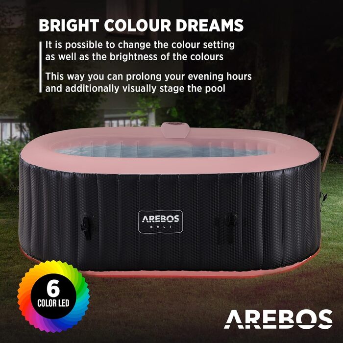 Надувний джакузі Arebos Whirlpool з LED-підсвіткою та підігрівом, 190x120 см, 90 масажних форсунок, 550 л, для 2 осіб, з кришкою