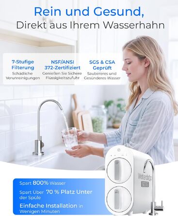 Waterdrop G2P600 Система фільтрації води зворотного осмосу, 8000 літрів, очищення 2:1, без баку, пом'якшувач води RO під мийку G2-600G