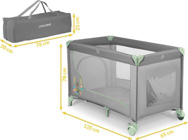 Дитяче ліжечко-манеж Ricokids, складне, з матрацом, 125x65x78 см, 15 кг, дві колеса з гальмами, знімний бічний вхід, сумка, світло-сірий та м'ятний колір