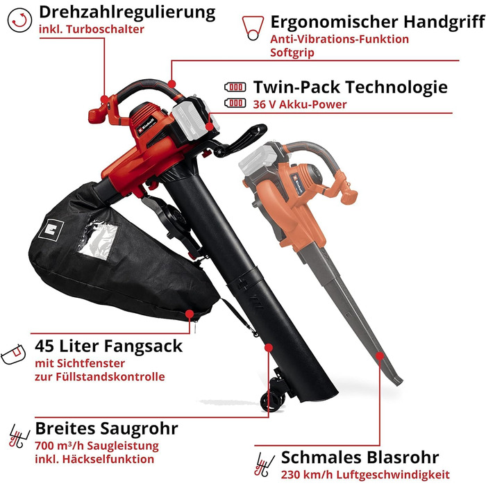 Акумуляторний лістозбір Einhell GE-CL 36/230 Li E-Solo Power X-Change (18V, функція збору та видування, турбо-режим, з насадкою для збору та видування, без акумулятора та зарядного пристрою)