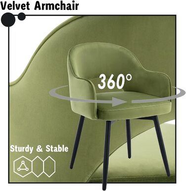 Стілець для їдальні Chairus, комплект 2 шт, оксамитовий, 360° обертання, кухонний м'який крісло з підлокітниками, для дому, офісу, вітальні, зелений, 53x58x78 см