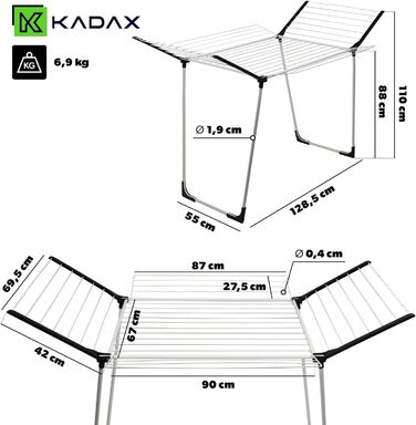 KADAX Сушарка для білизни з розкладними крилами, велика, підлогова, метал, з порошковим покриттям, для довгої білизни, 2 крила