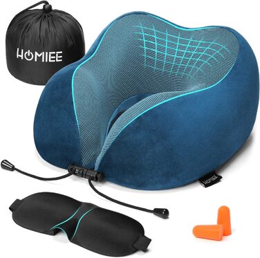 Ортопедична подушка для шиї HOMIEE з пам'яттю форми, ергономічна дорожня подушка для сну, комфортна підтримка, блакитна