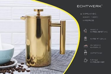 Френч-прес ECHTWERK з нержавіючої сталі, подвійні стінки, термокофеварка 800 мл, золота версія для дому, офісу та кемпінгу