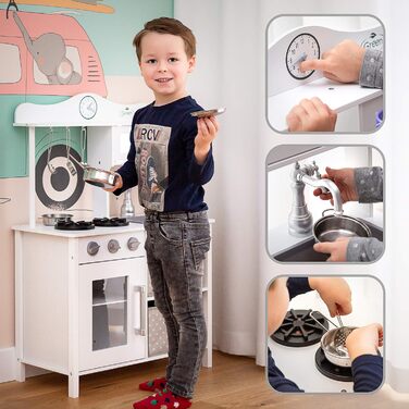 Дерев'яна дитяча кухня Kinderplay з LED та звуками приготування їжі, регульована висота 92–107 см, ігровий набір для дітей від 3 років, повний комплект з аксесуарами, світло-сірий колір (Vintage - White)