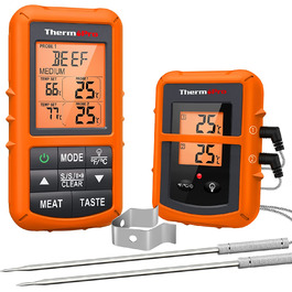 ThermoPro TP20 Цифровий термометр для м'яса з радіусом дії 150 м. Бездротовий термометр для гриля, духовки та барбекю з 2 датчиками температури. Orange