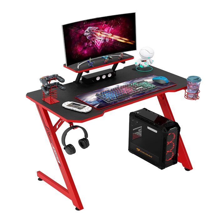 Ігровий стіл Intimate WM Heart 110 см: ергономічний стіл з карбоновою поверхнею, тримач для навушників, підставки для напоїв та аксесуарів, чорно-червоний