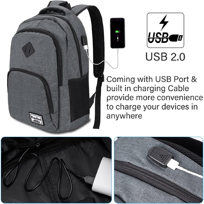 Рюкзак для ноутбука 17,3'' YAMTION з USB, темно-сірий, для студентів, чоловіків і жінок, університету, роботи, школи, подорожей