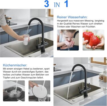 Змішувач для кухні 3 в 1 з фільтром для води, поворотний на 360°, латунний, двовентильний, чорний Hochbogen