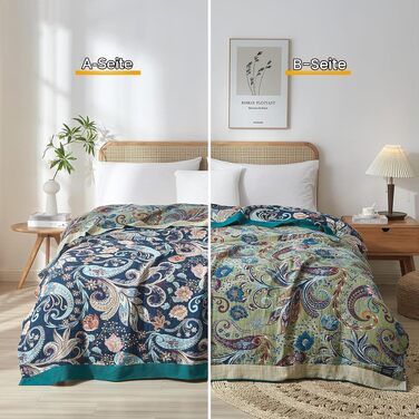 Преміум плед Bailix Boho з 100% бавовни, двостороння муслінова ковдра 200x230 см для дивана та ліжка, декоративна patchwork ковдра в стилі бохо, колір Indigo-traum