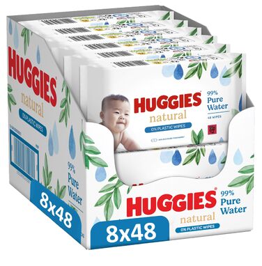 Дитячі вологі серветки Huggies Natural Biodegradable Sensitive, біорозкладні, для чутливої шкіри, велика упаковка (8х48 шт)