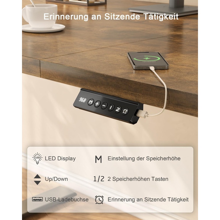 Електричний стіл JUMMICO з USB-портом, 160 x 70 см, регулювання висоти, стоячий/сидячий, коричневий