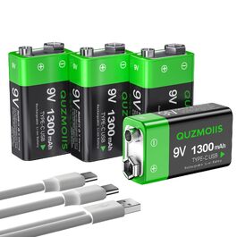 Акумулятори 9V Li-ion 1300mAh перезарядні батарейки з USB-C портом для мультиметрів та датчиків диму, 4 шт.