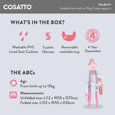 Дитячий стільчик Cosatto Noodle 0+ - компактний, регульований по висоті, складний, легко миється, від народження до 15 кг (Midnight Jungle)