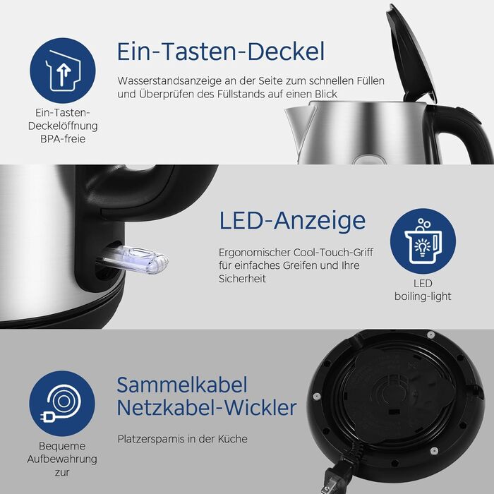 Електрочайник Midea MK-17S30A2 з нержавіючої сталі, 1.7 л, BPA-free, 2200 Вт, швидке кип’ятіння, ізольована ручка, індикатор рівня води, LED-підсвітка, захист від перегріву