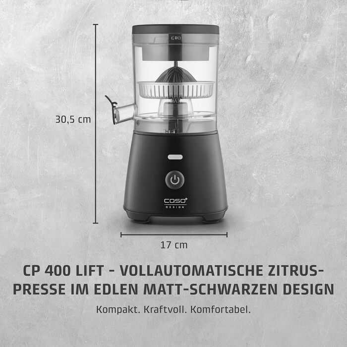 Електрична вижималка для цитрусових CASO CP 400 Lift, універсальний конус, без BPA, чорна