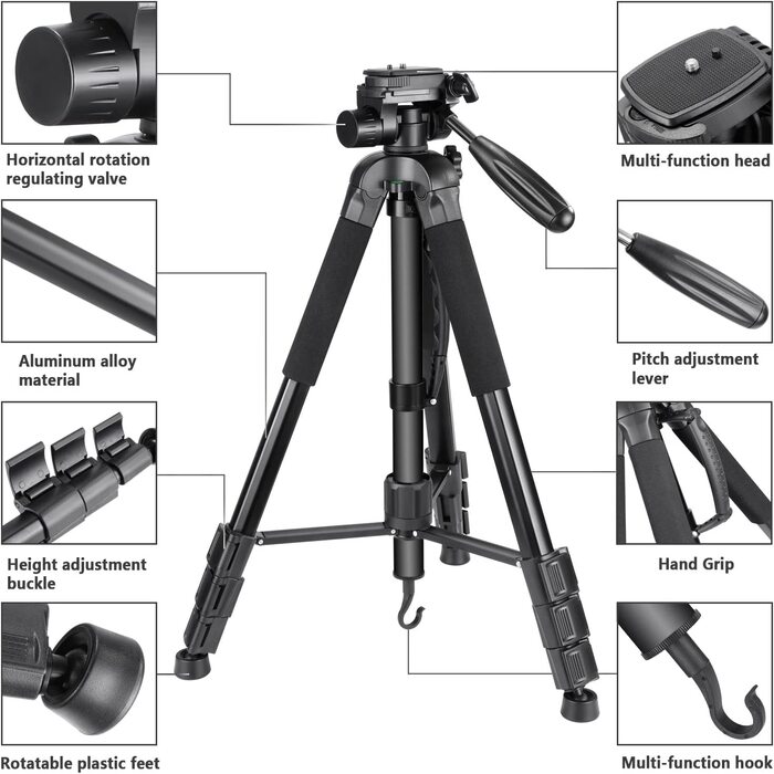 Neewer портативний штатив 177 см з алюмінію з 3D головкою для DSLR камер, чорний