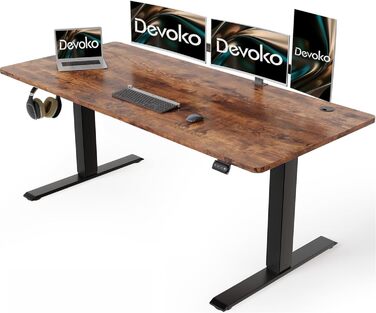 Електричний регульований стіл Devoko 140x60 см з кабель-каналом, ергономічний комп'ютерний стіл для роботи стоячи та сидячи, 2-позиційна пам'ять, вінтажний коричневий