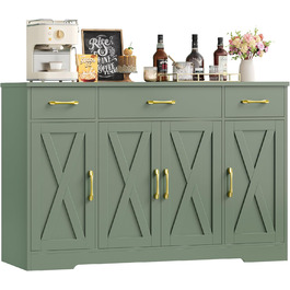 Sideboard HOCSOK 140 см: буфет з 3 ящиками, 4 дверцятами та 2 регульованими полицями, для кухні, вітальні, передпокою,  (зелений)