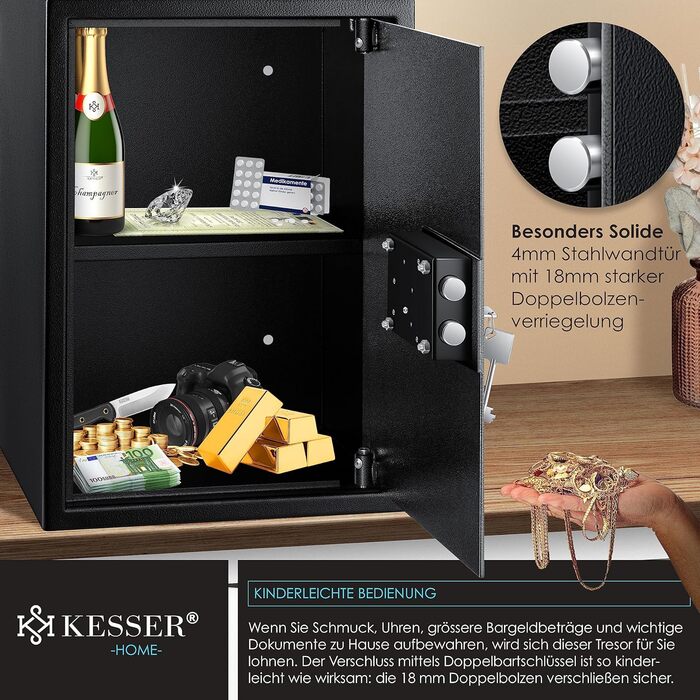 Сейф KESSER для меблів з двобортовим замком, чорний XL, 50x35x31 см, сейф для грошей, настінний/підлоговий, 2 ключі та кріплення
