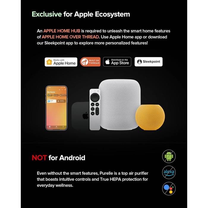 Розумний очищувач повітря Airversa Smart HomeKit AP2 для приміщень до 100 м², фільтрація PM2.5 99,99%, Thread, Siri, App, нічний режим 23 дБ, захист від дітей, білий