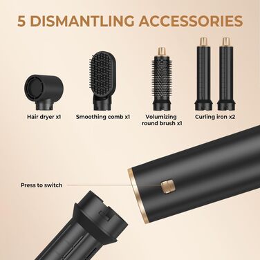 MogaWave Air Styler Pro 6 в 1: Фен-щітка, стайлер для волосся 1000W (Чорний)