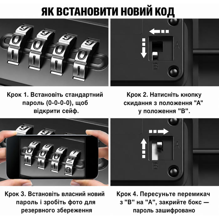 Портативний сейф з кодовим замком, водонепроникний, 4-значний, для зберігання цінностей на вулиці, подорожах, пляжі, у кемпінгу, офісі чи авто, з товстим знімним тросом, чорний