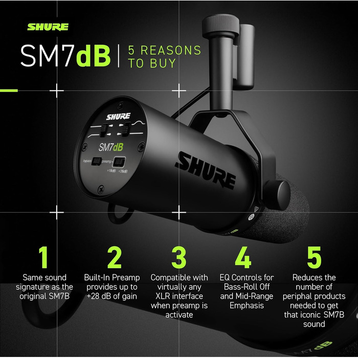 Мікрофон Shure SM7dB динамічний для мовлення, вокалу та подкасту з вбудованим підсилювачем, широкий частотний діапазон, теплий м'який звук, чорний