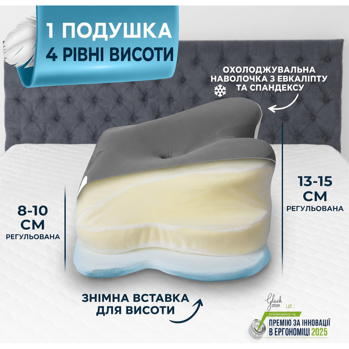 Ортопедична подушка Glückstoff для шиї та голови з піни Memory Foam, ергономічна, для сну на боці, проти болю в шиї, сіра