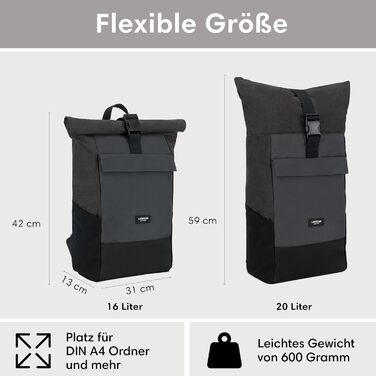 Рюкзак LARKSON Rolltop для жінок і чоловіків, водостійкий, для ноутбука, подорожей, роботи, університету, велосипедний, чорний/сірий, універсальний розмір