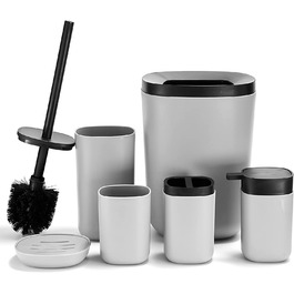 Набір аксесуарів для ванної DUFU 6 предметів: смітник, тримач для зубних щіток, стакан, мильниця, дозатор для рідкого мила, туалетна щітка, сірий колір, сучасний стиль