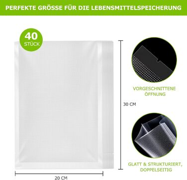 Пакети вакуумні Bonsenkitchen Profi VB3205 (20x30 см, 40 шт) для харчових продуктів, Sous Vide, вакуумних апаратів, без BPA