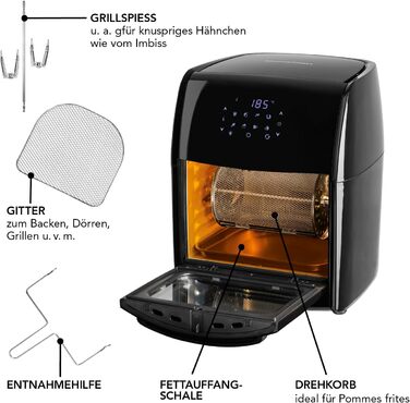 Цифрова аерофритюрниця GOURMETmaxx 12 л XXL з таймером, сенсорним дисплеєм, вертелем та решіткою для запікання, 8 програм, 1800 Вт, чорна, енергозберігаюча, для приготування без жиру