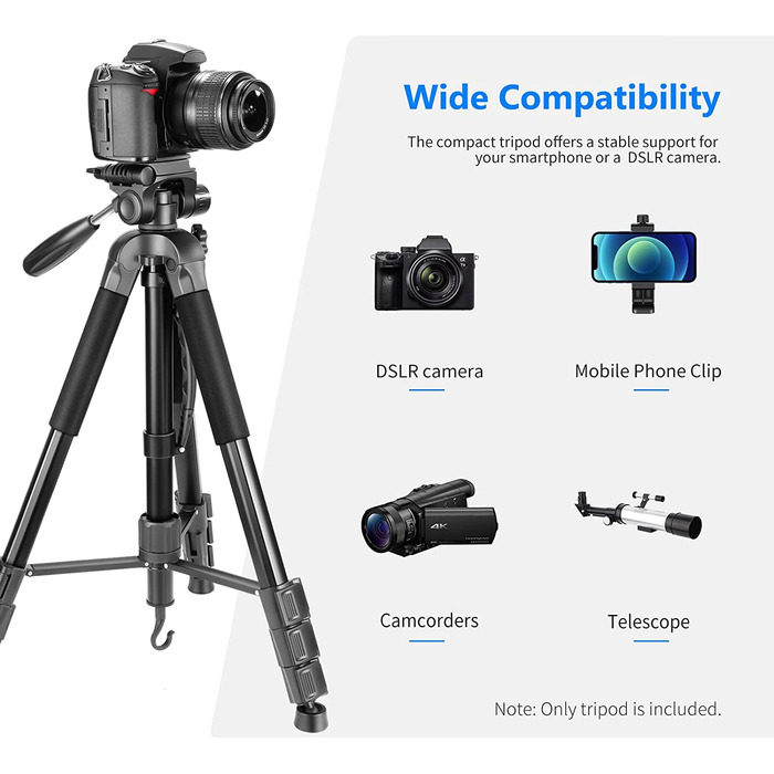 Neewer портативний штатив 177 см з алюмінію з 3D головкою для DSLR камер, чорний