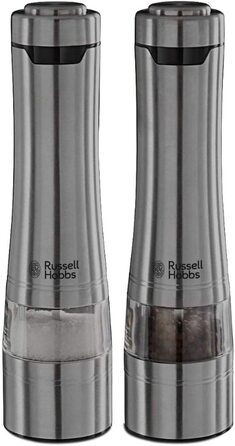 Електричний набір млинків для солі та перцю Russell Hobbs, 2 шт, нержавіюча сталь, керамічний механізм, регулювання помолу, LED підсвітка