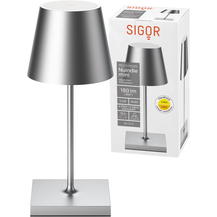SIGOR Nuindie - LED акумуляторна настільна лампа, димування, для дому та вулиці, 38 см, срібна (Mini, Easy Connect)