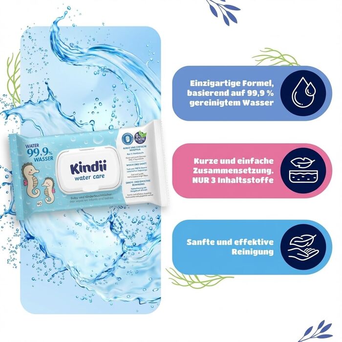 Дитячі вологі серветки Kindii Water Care 99,9% води, біорозкладні, 100% віскоза, без пластику, 960 шт (16 пачок по 60 шт)