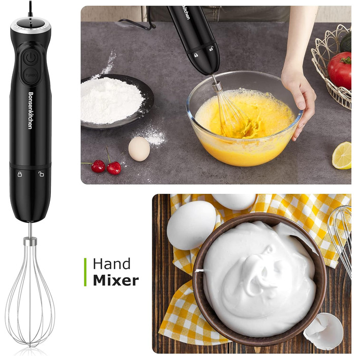 Блендер Bonsenkitchen 3-в-1, 1000 Вт, електричний ручний міксер з насадкою-вінчиком і мірним стаканом, регулювання швидкості, для смузі, пюре, соусів, HB3202, чорний